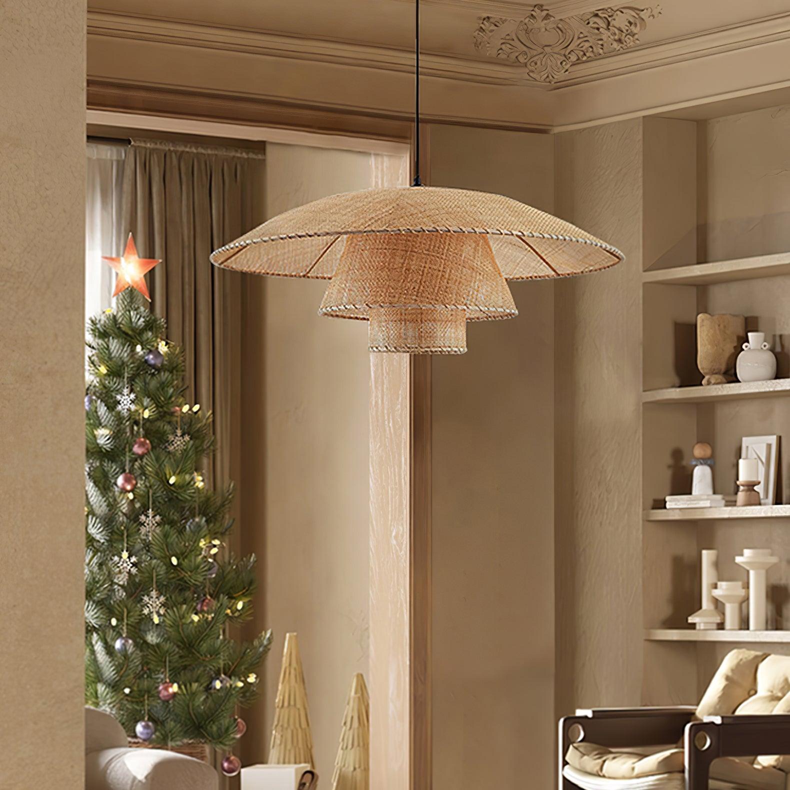 Hand Woven Rattan Hat Shape Pendant Light Boho Wicker Hanging Ceiling Lamp