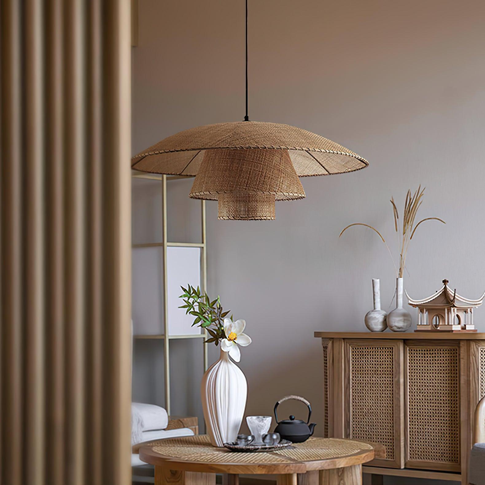 Hand Woven Rattan Hat Shape Pendant Light Boho Wicker Hanging Ceiling Lamp