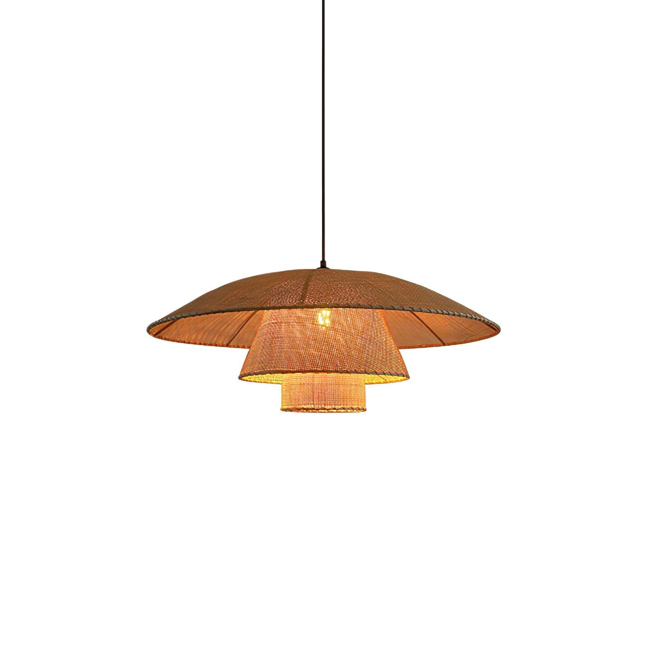 Hand Woven Rattan Hat Shape Pendant Light Boho Wicker Hanging Ceiling Lamp