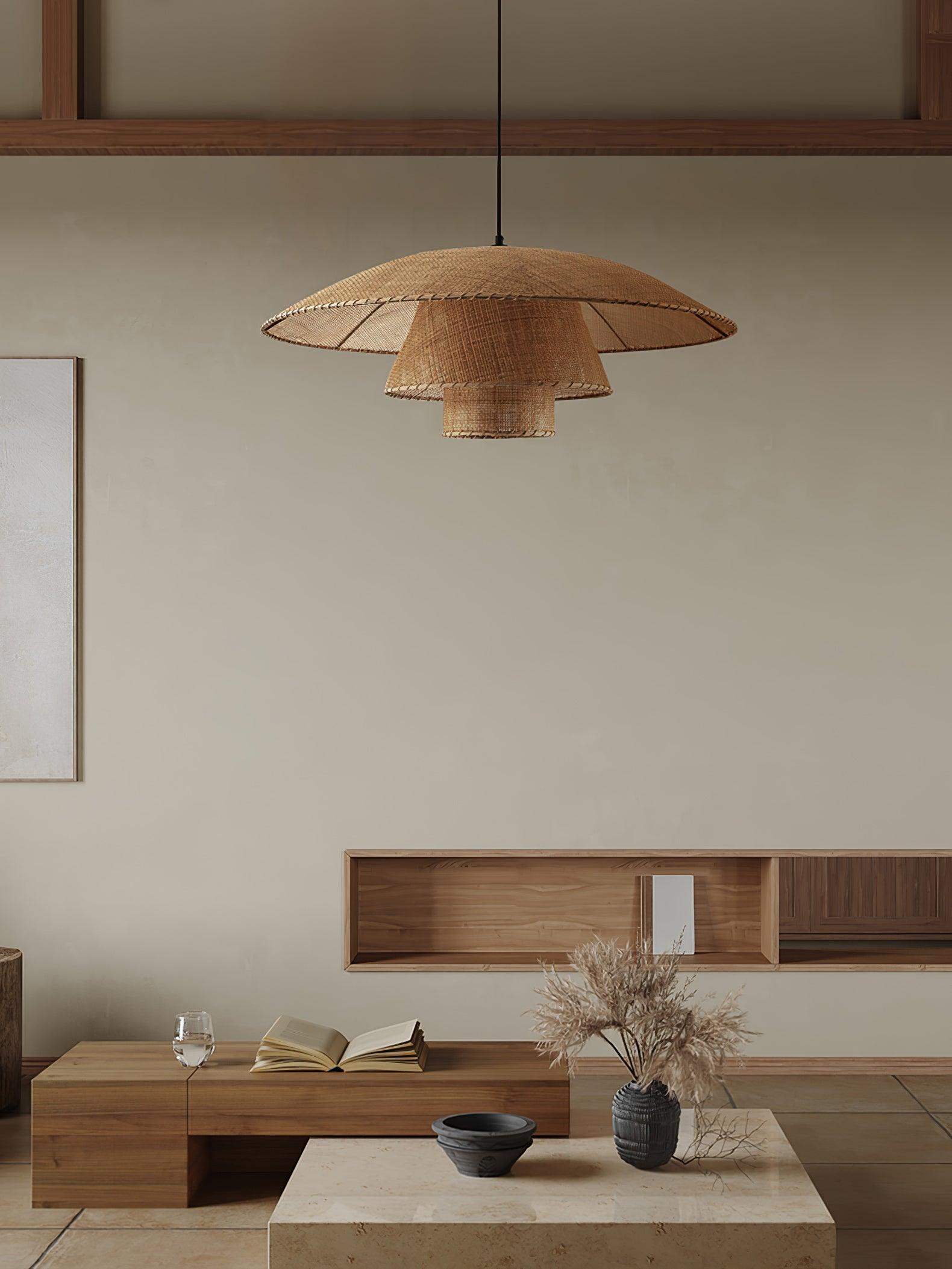 Hand Woven Rattan Hat Shape Pendant Light Boho Wicker Hanging Ceiling Lamp