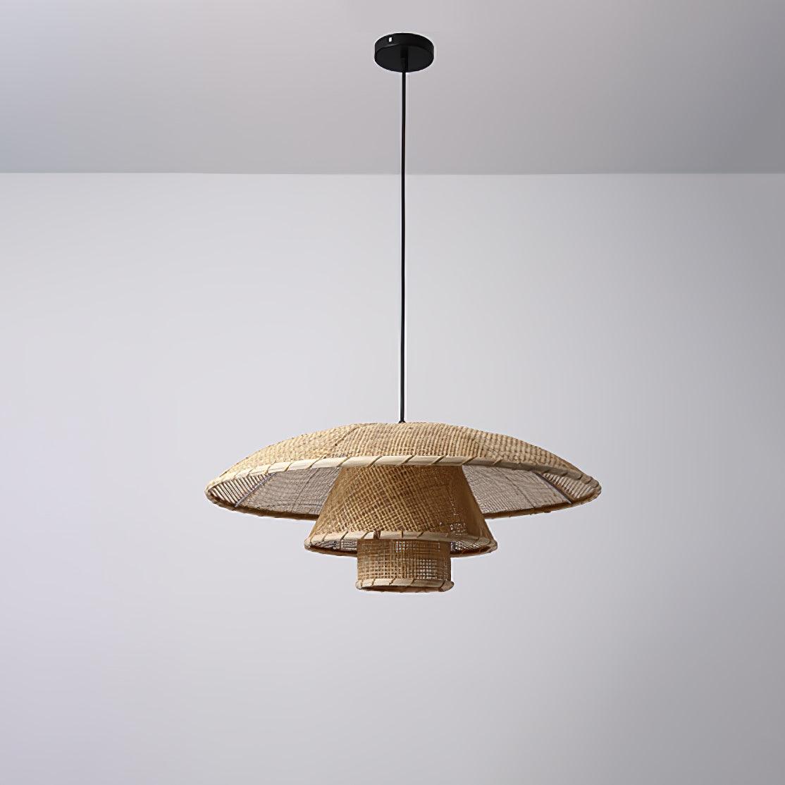 Hand Woven Rattan Hat Shape Pendant Light Boho Wicker Hanging Ceiling Lamp