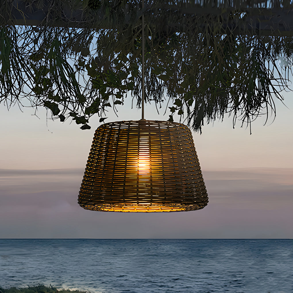 Hand Woven Rattan Outdoor Pendant Light IP65 Waterproof LED Hanging Lamp for Garden Patio and Porch