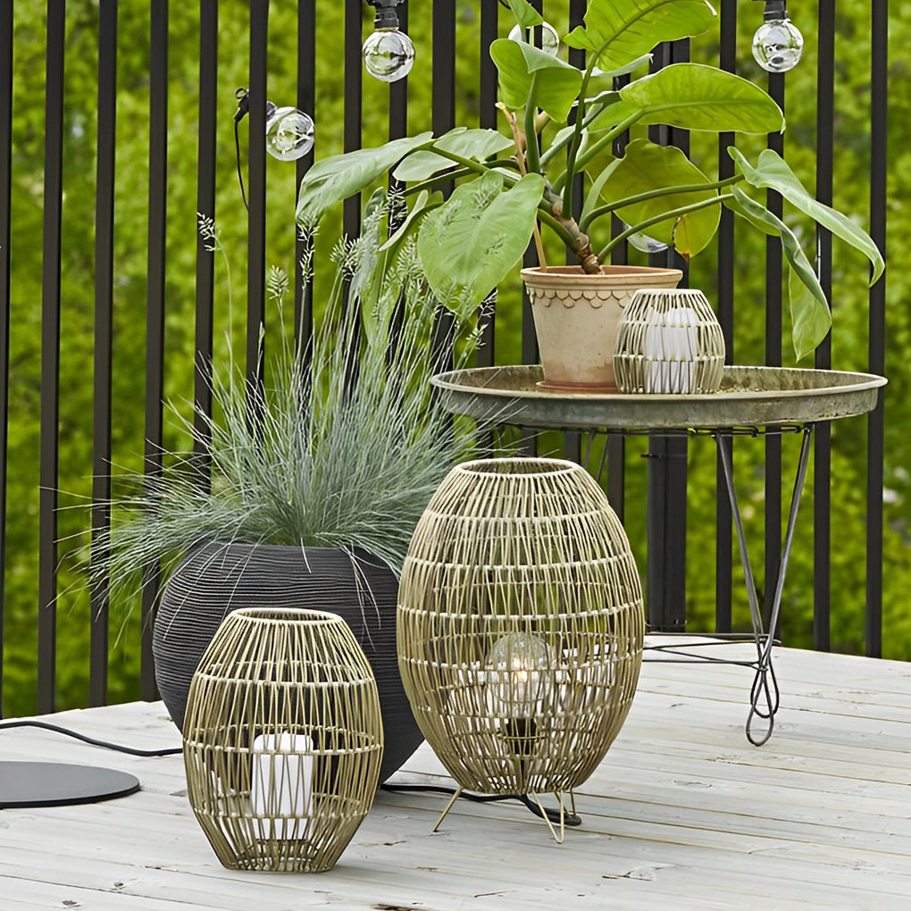 Hand Woven Rattan Oval Cage Outdoor Floor Lamp IP65 Waterproof Garden Patio Light