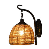 Hand Woven Rattan Sconce Retro Iron Wall Lamp for Bedroom and Living Room Lighting