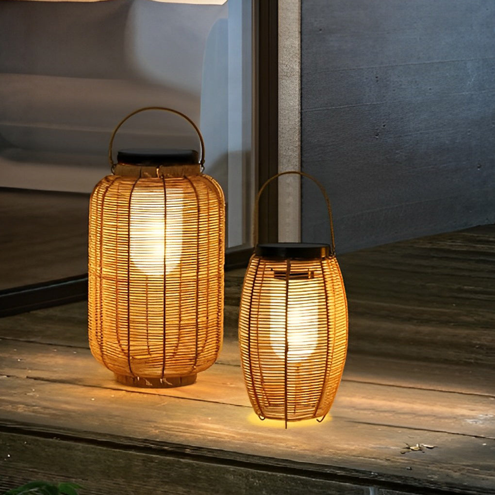 Hand Woven Rattan Solar Outdoor Floor Lamp Decorative IP65 Waterproof Lantern Light