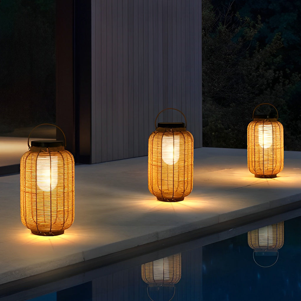 Hand Woven Rattan Solar Outdoor Floor Lamp Decorative IP65 Waterproof Lantern Light