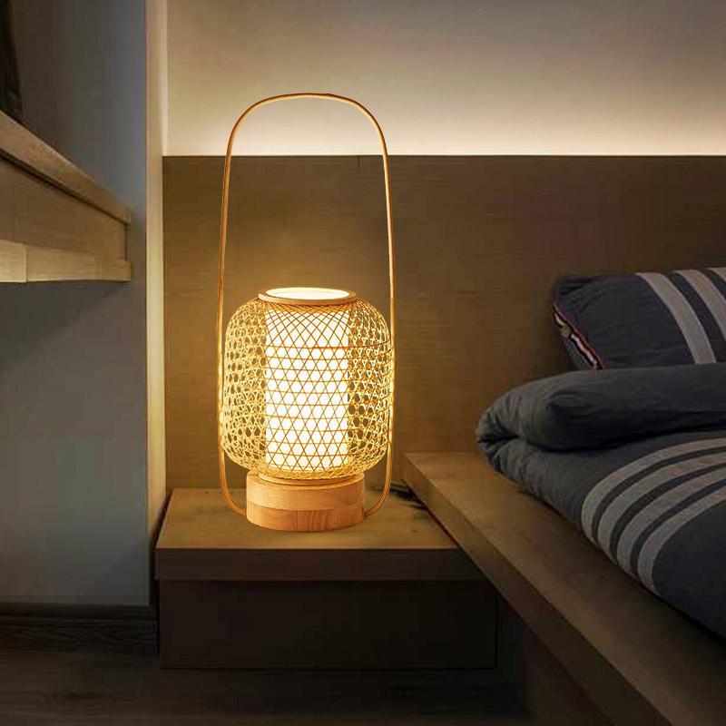 Handcrafted Bamboo Woven Table Lamp with Portable Handle and Integrated USB Charging Port