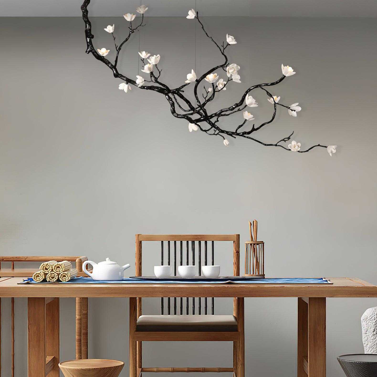 Handcrafted Ceramic Flower Branch Chandelier White Floral Ceiling Light with Brass Frame