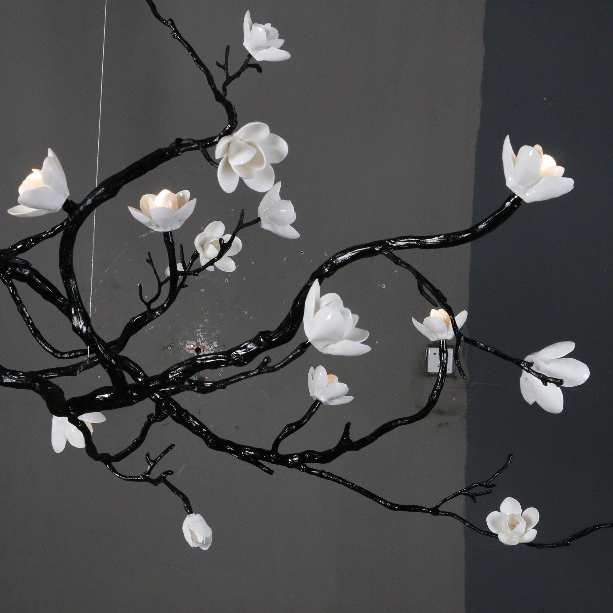 Handcrafted Ceramic Flower Branch Chandelier White Floral Ceiling Light with Brass Frame