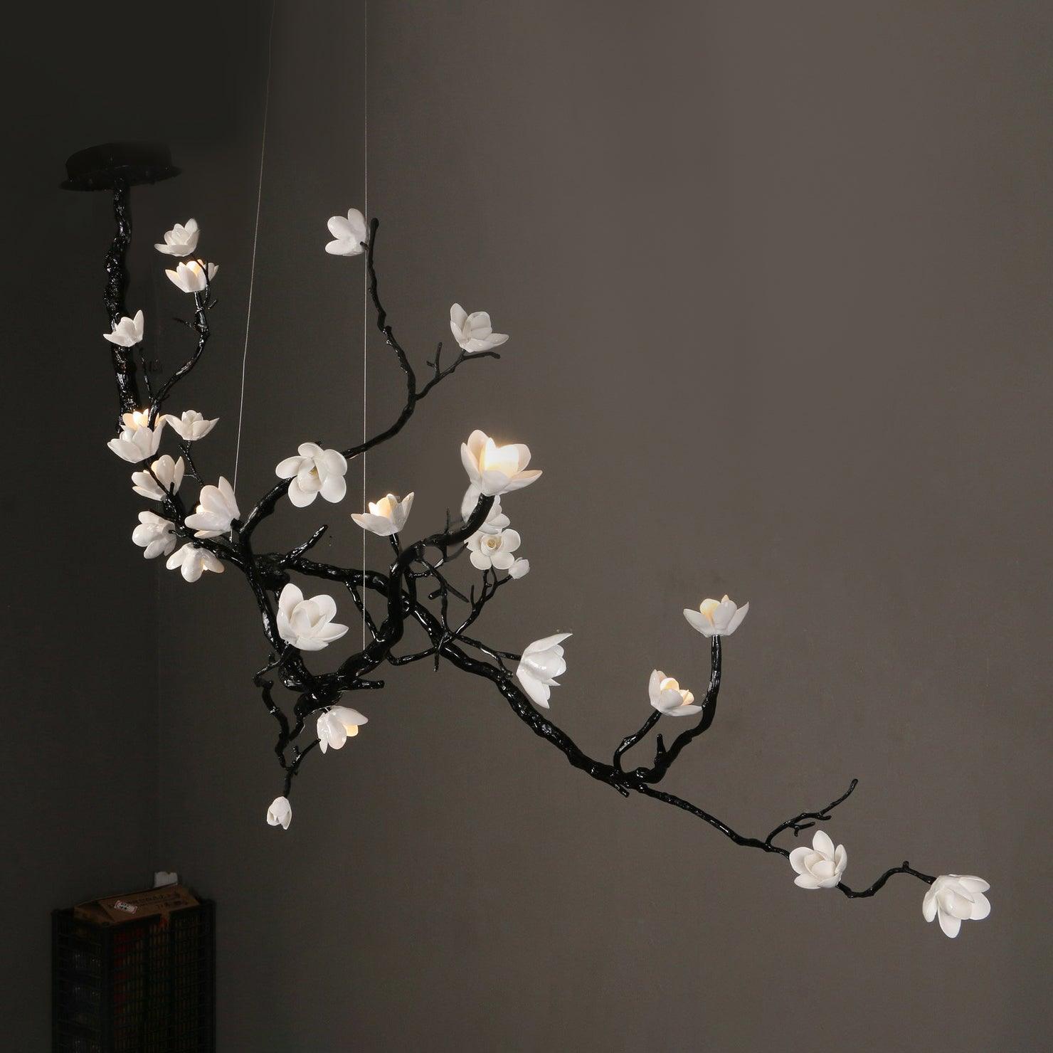 Handcrafted Ceramic Flower Branch Chandelier White Floral Ceiling Light with Brass Frame