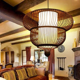 Handcrafted Dark Brown Bamboo Moroccan Bubble Pendant Light Two Tier Woven Wood Ceiling Fixture