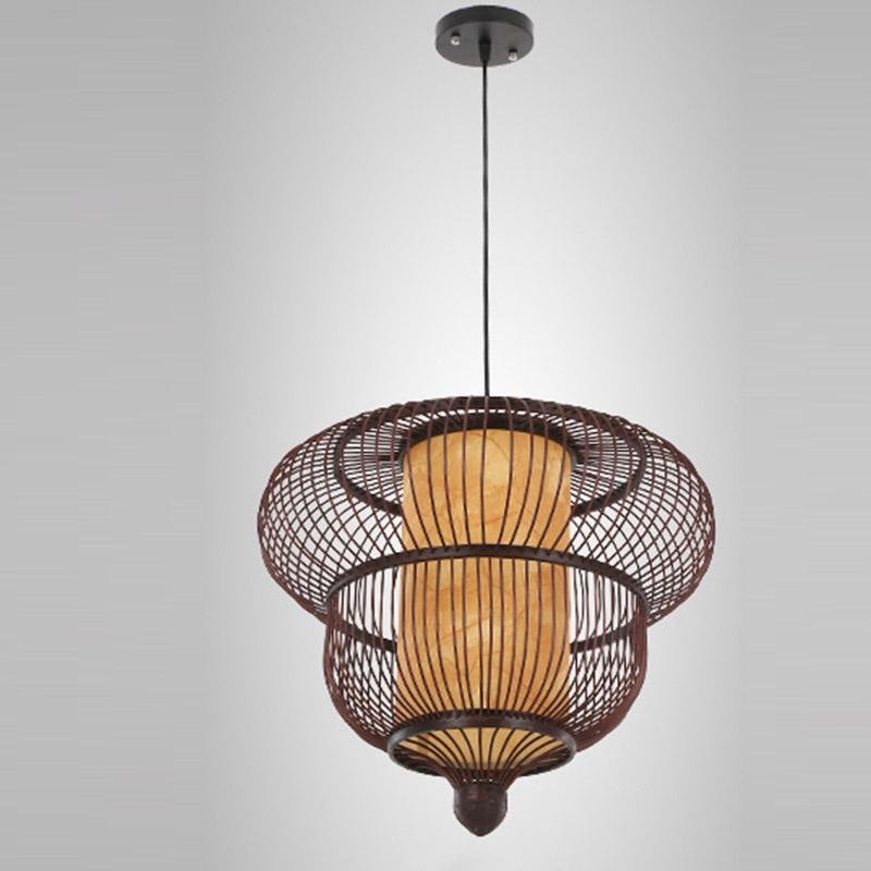 Handcrafted Dark Brown Bamboo Moroccan Bubble Pendant Light Two Tier Woven Wood Ceiling Fixture
