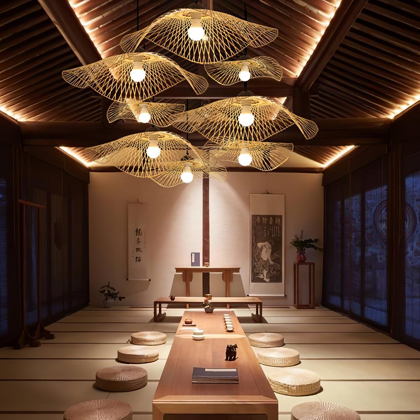 Handcrafted Natural Bamboo Frame Pendant Lamp Woven Hanging Ceiling Light Fixture