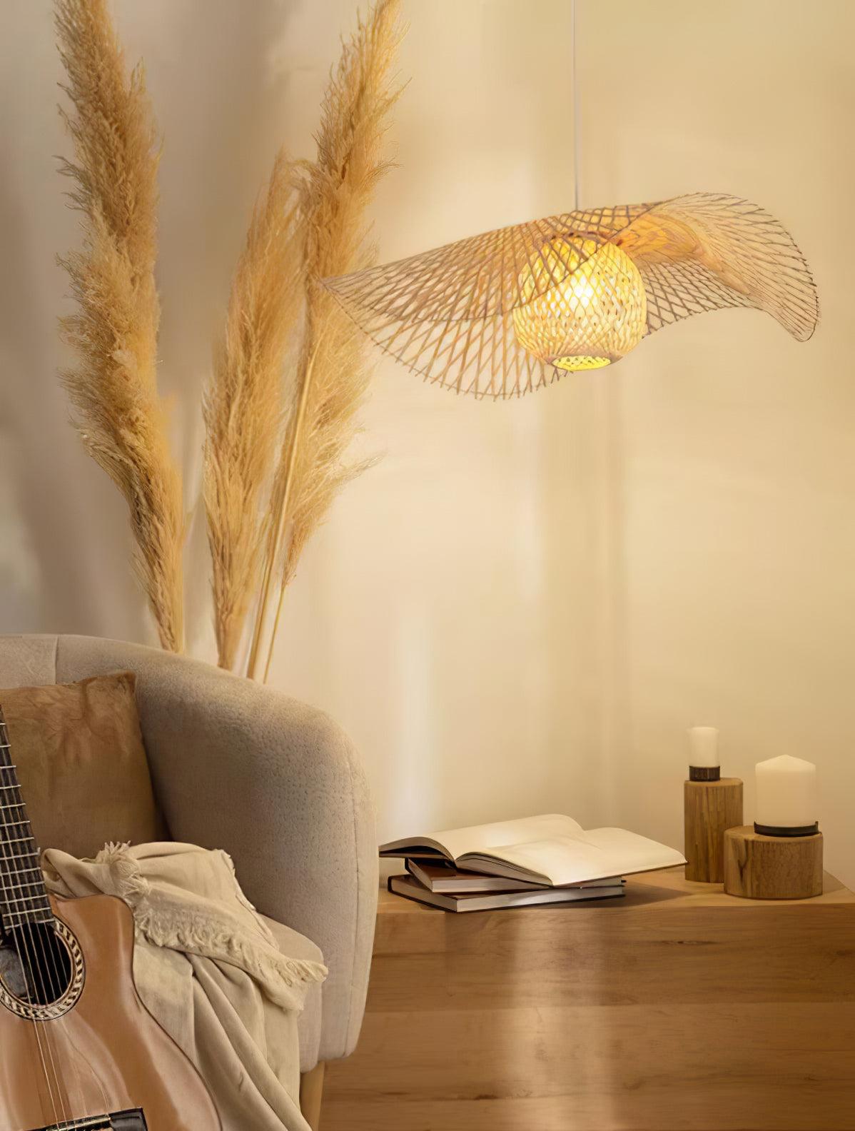 Handcrafted Natural Bamboo Frame Pendant Lamp Woven Hanging Ceiling Light Fixture
