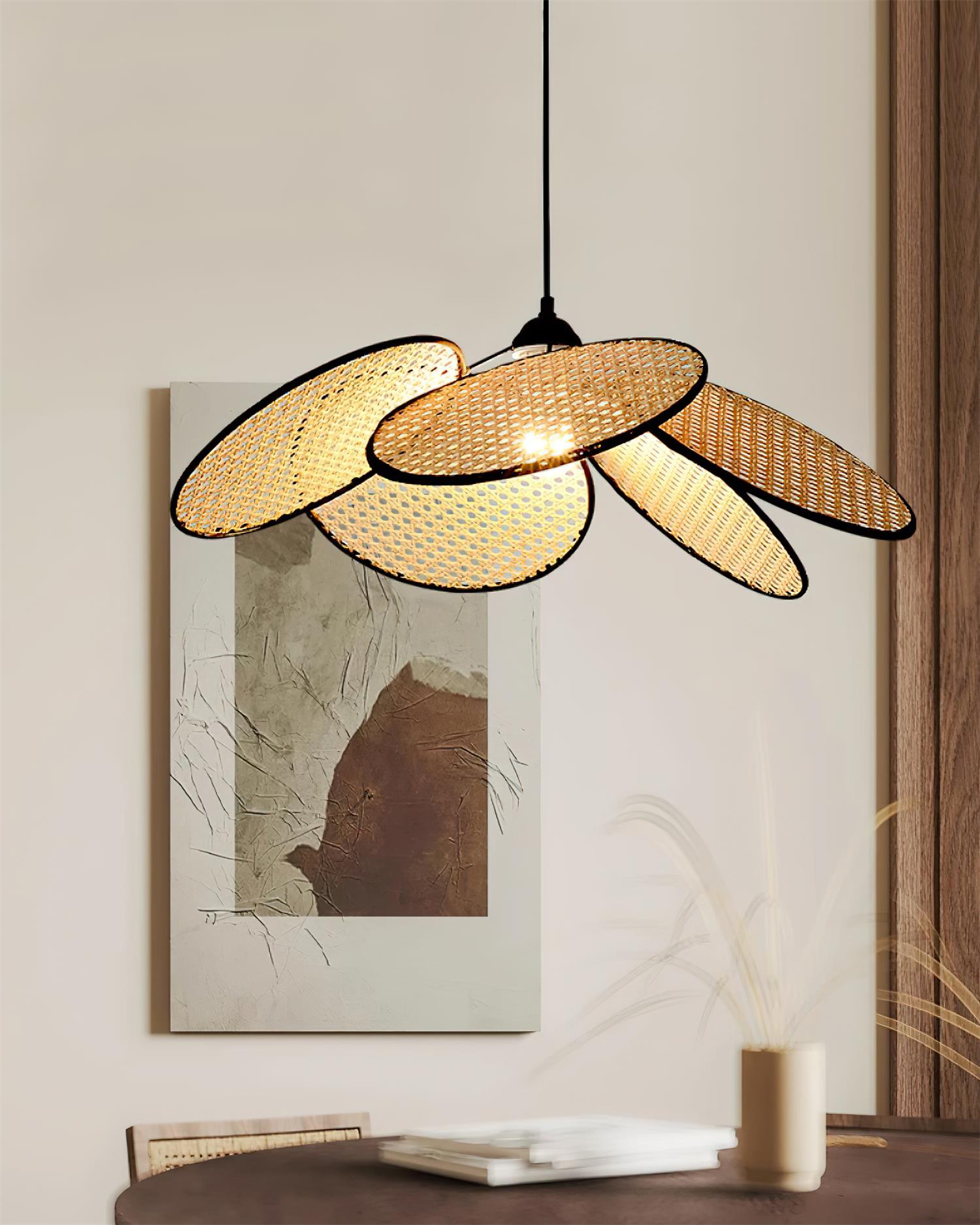 Handcrafted Petal Rattan Pendant Lamp Organic Woven Texture Ceiling Light for Minimalist Decor
