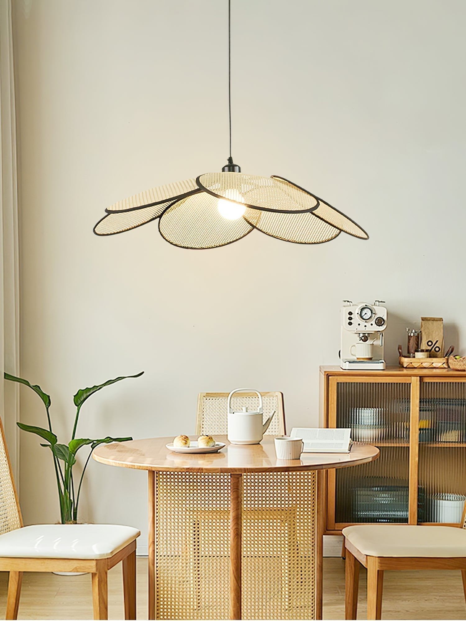 Handcrafted Petal Rattan Pendant Lamp Organic Woven Texture Ceiling Light for Minimalist Decor