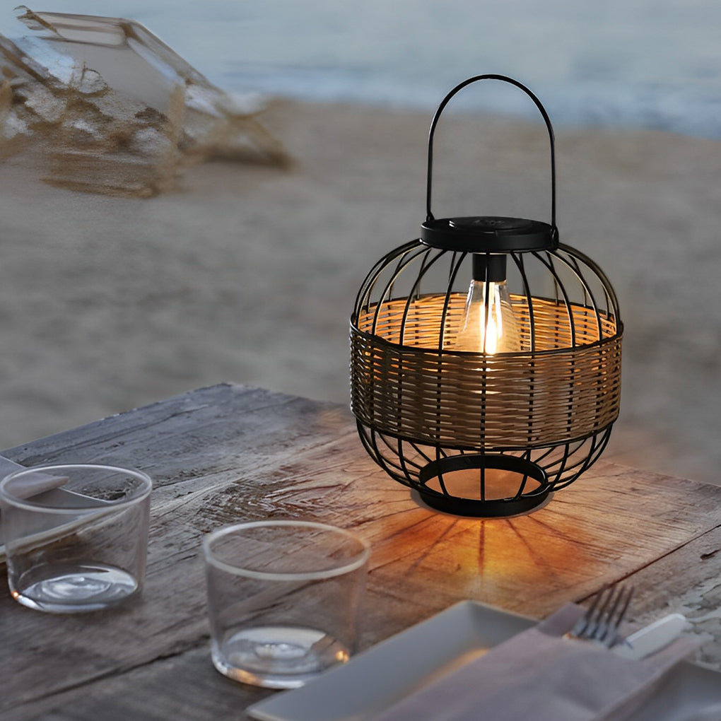 Handcrafted Rattan Cage Style Waterproof Outdoor Solar Lantern for Garden and Patio Decor
