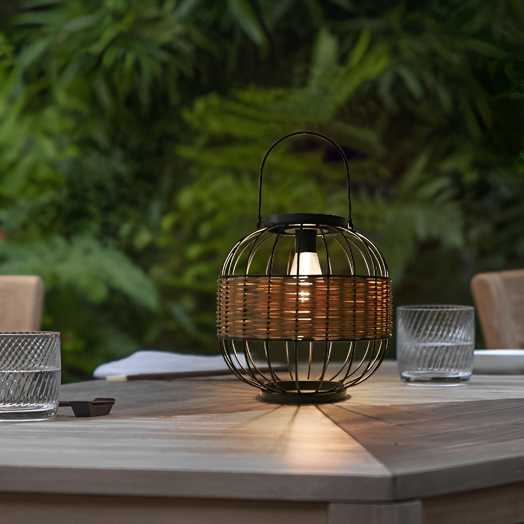Handcrafted Rattan Cage Style Waterproof Outdoor Solar Lantern for Garden and Patio Decor