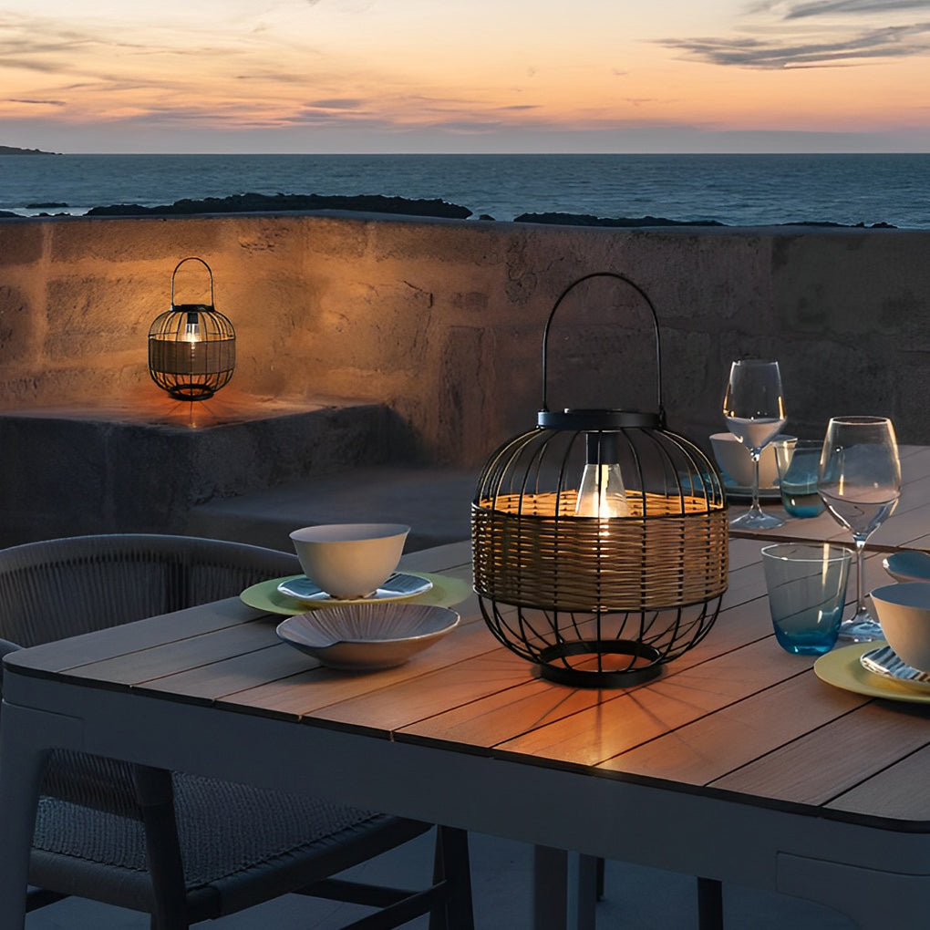 Handcrafted Rattan Cage Style Waterproof Outdoor Solar Lantern for Garden and Patio Decor