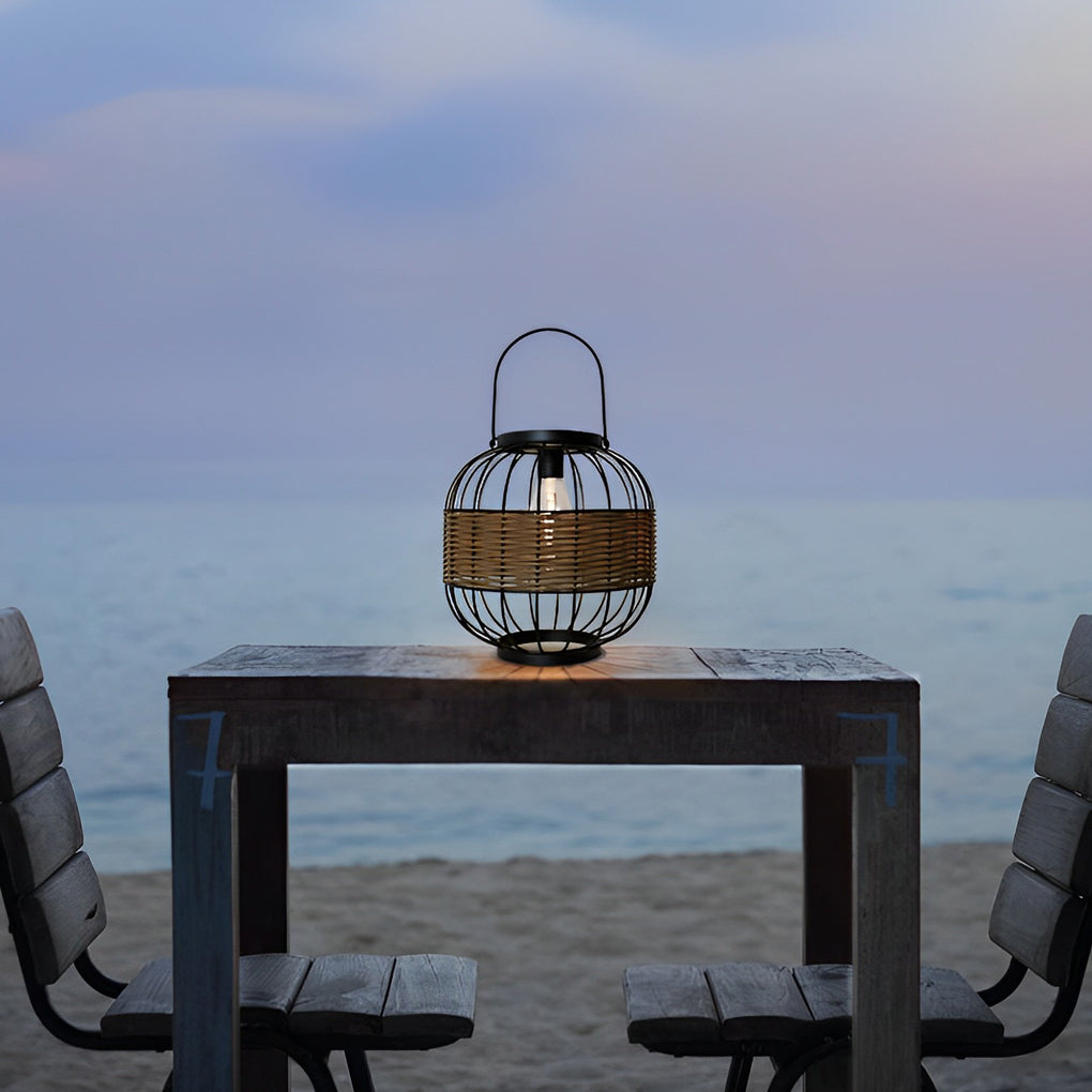 Handcrafted Rattan Cage Style Waterproof Outdoor Solar Lantern for Garden and Patio Decor