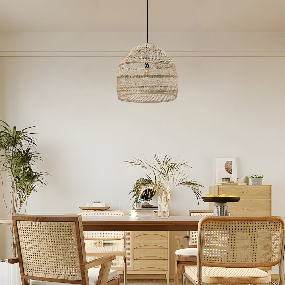 Handcrafted Rattan Woven Dome Pendant Light Bohemian Bamboo Hanging Lamp for Dining Room