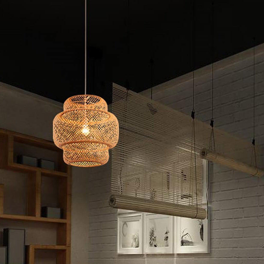 Handmade 3 Tiered Rustic Bamboo Woven Pendant Light Boho Chic Natural Wood Hanging Ceiling Lamp