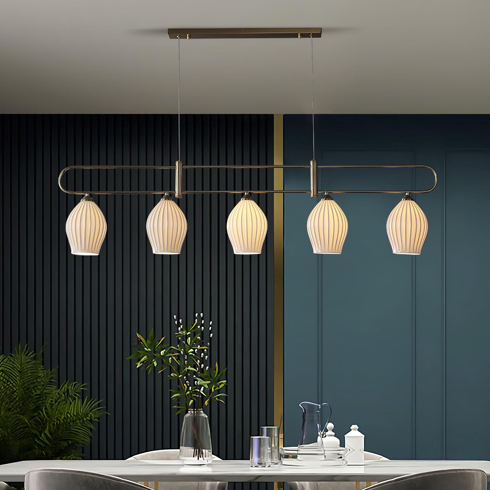 Handmade Bone China Ribbed Pendant Light Modern Linear Ceramic Hanging Lamp for Dining Room
