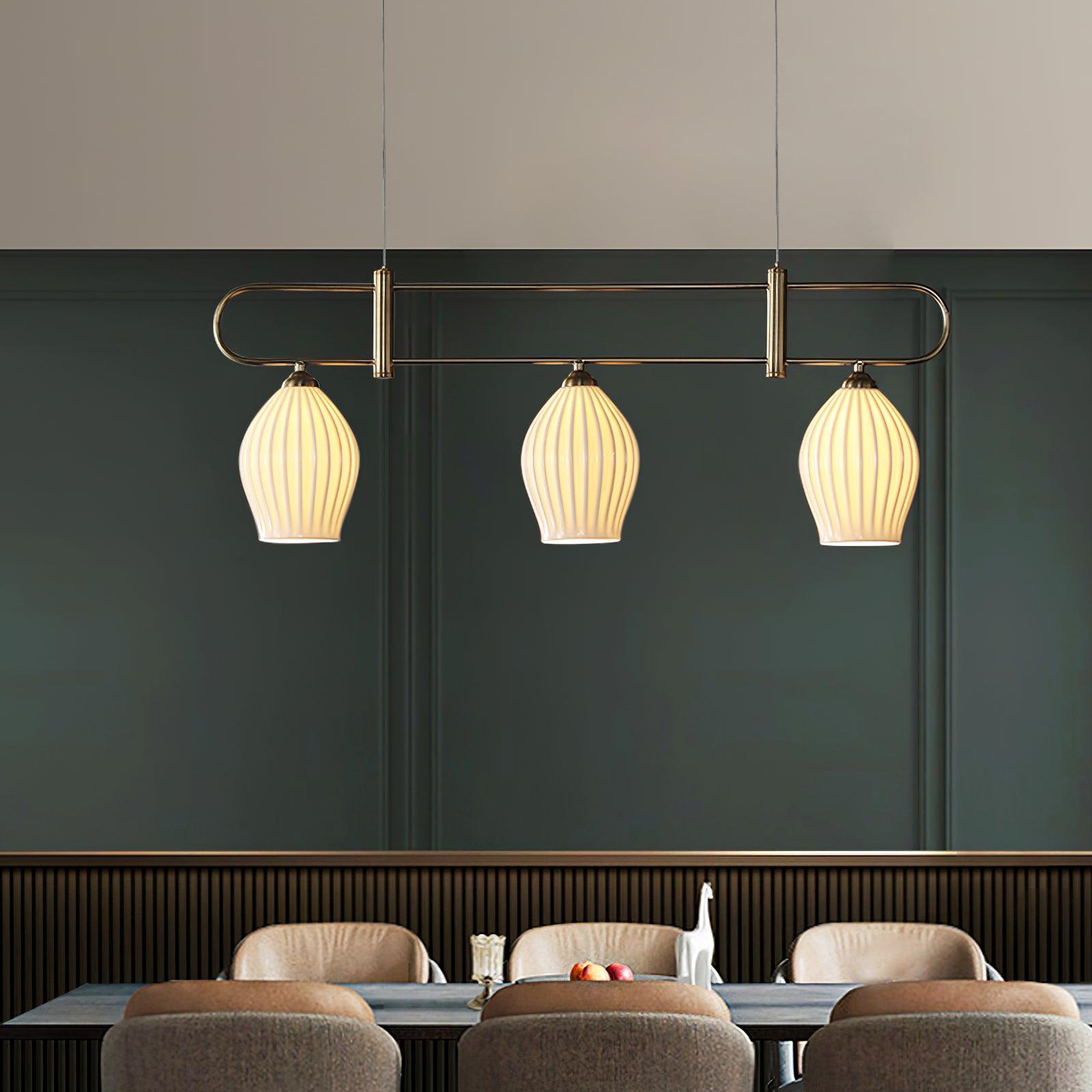 Handmade Bone China Ribbed Pendant Light Modern Linear Ceramic Hanging Lamp for Dining Room