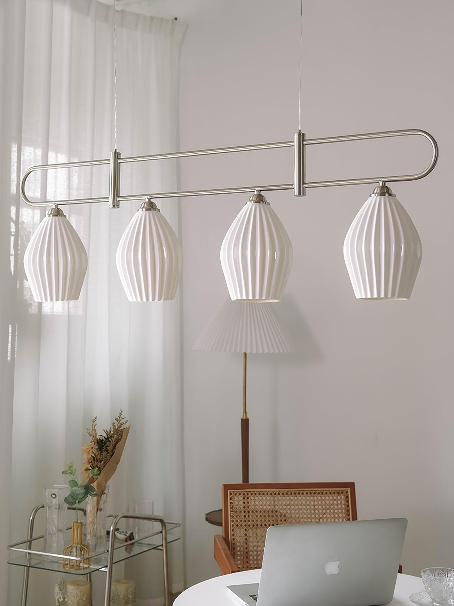 Handmade Bone China Ribbed Pendant Light Modern Linear Ceramic Hanging Lamp for Dining Room