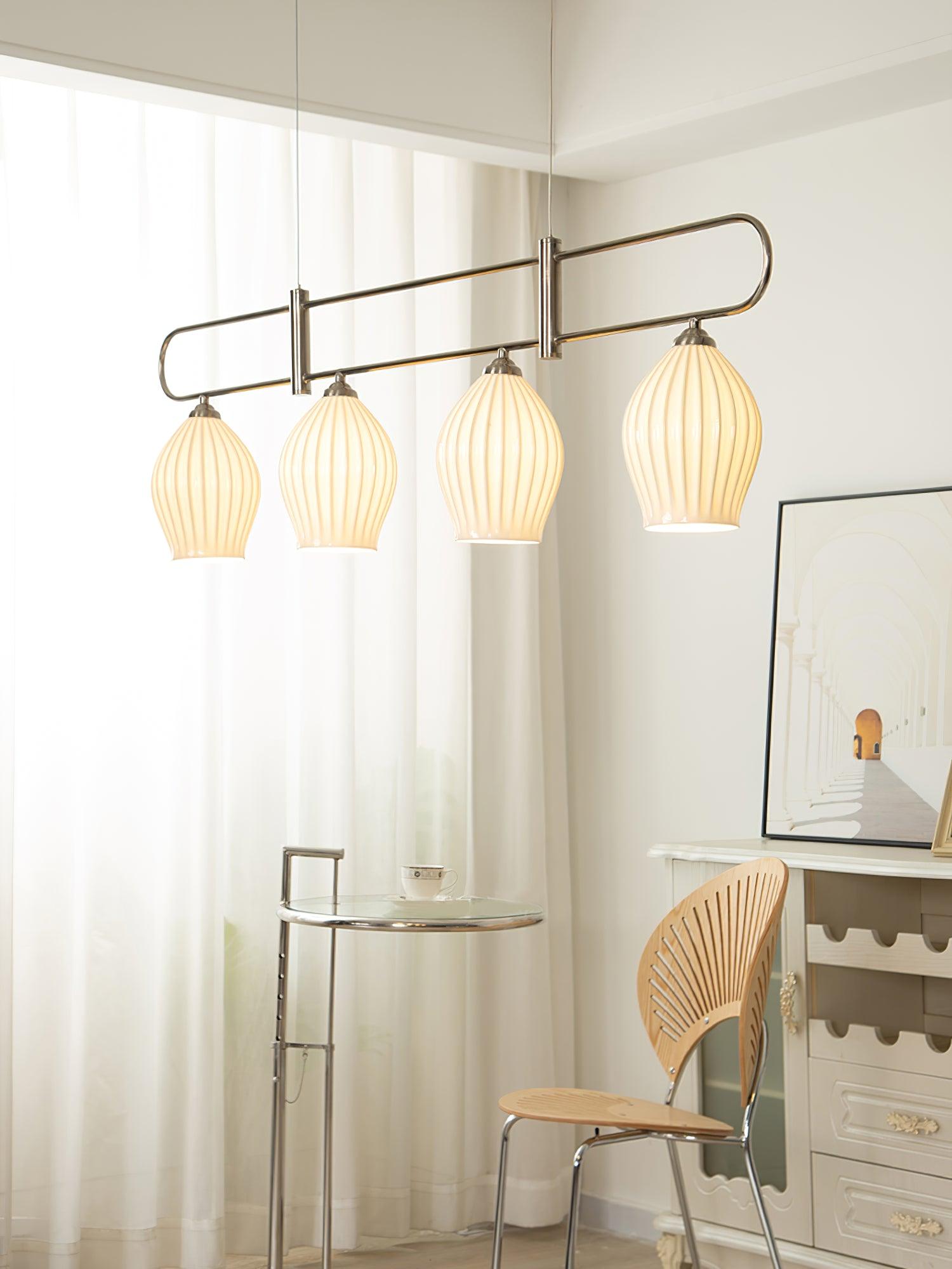 Handmade Bone China Ribbed Pendant Light Modern Linear Ceramic Hanging Lamp for Dining Room