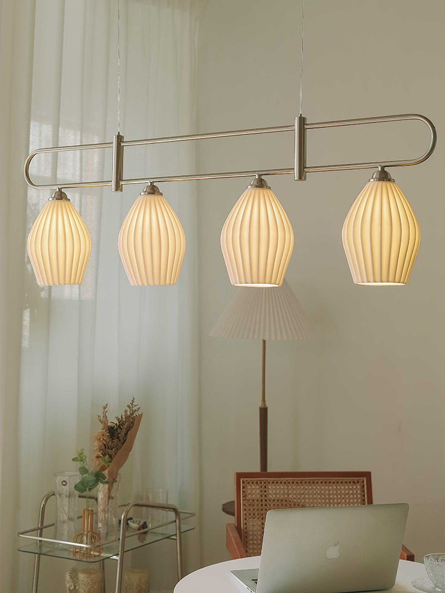 Handmade Bone China Ribbed Pendant Light Modern Linear Ceramic Hanging Lamp for Dining Room