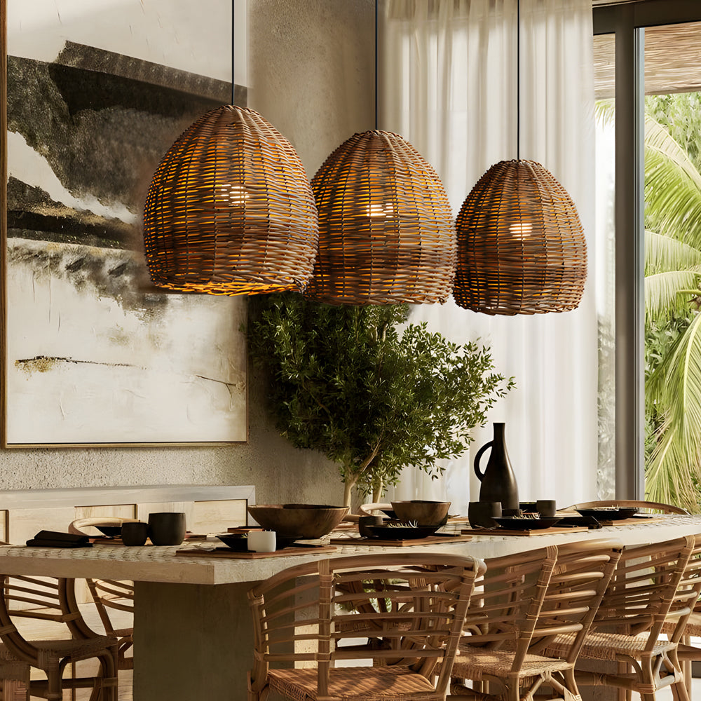 Handmade Leather and Rattan Lampshade Japanese Wabi Sabi Chandelier LED Pendant Light for Home