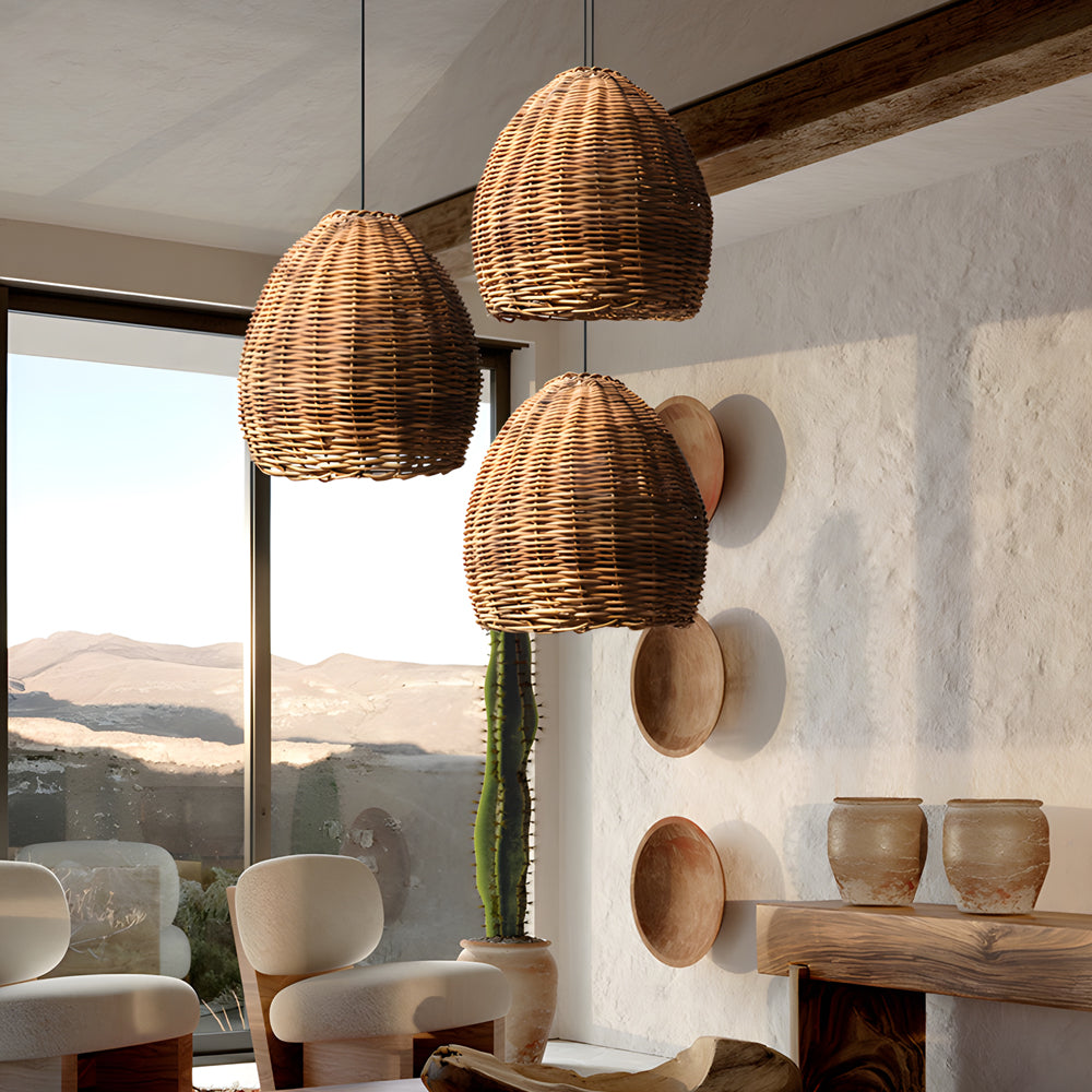 Handmade Leather and Rattan Lampshade Japanese Wabi Sabi Chandelier LED Pendant Light for Home