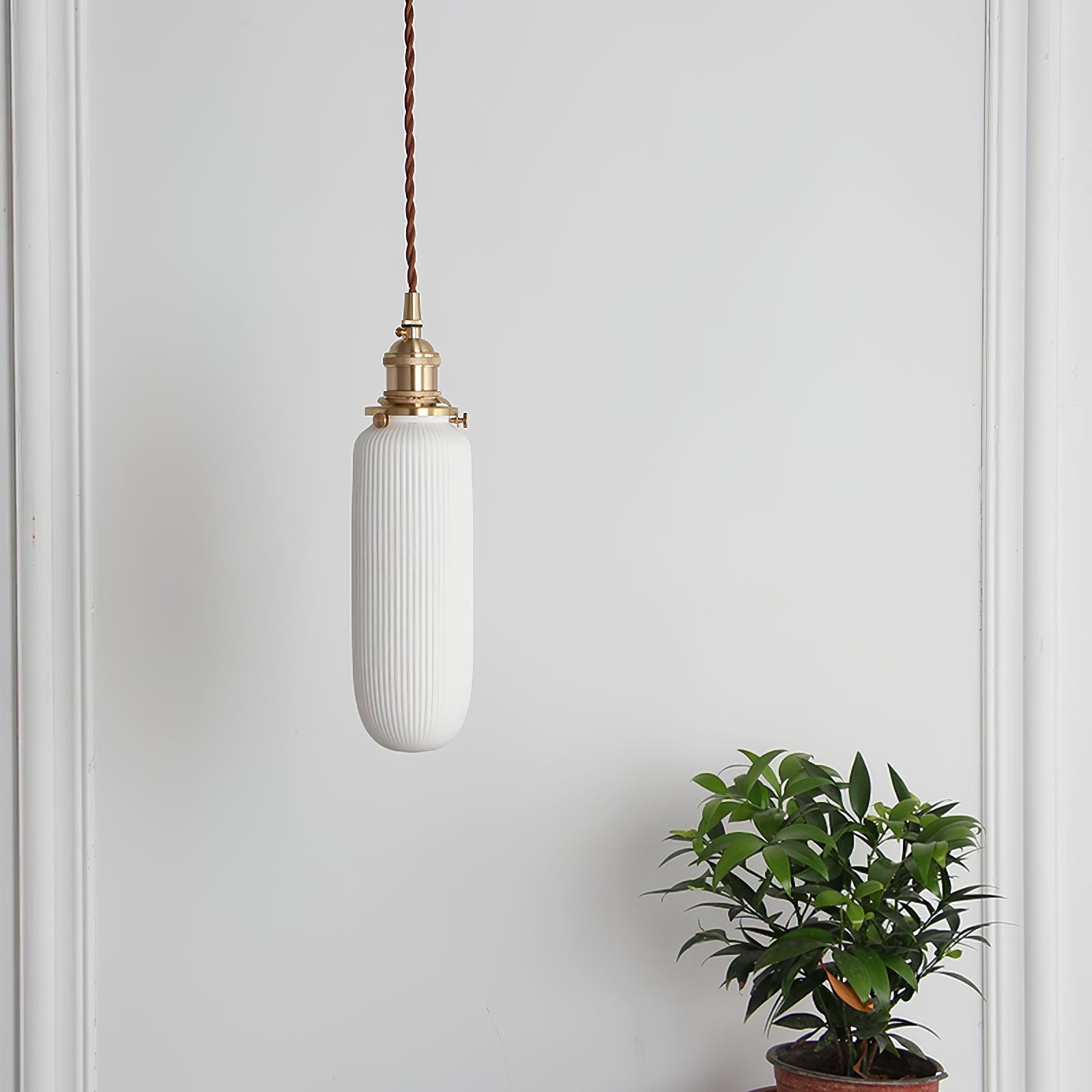 Handmade Porcelain Shell Pendant Light with Brass Fittings Ribbed Ceramic Hanging Lamp