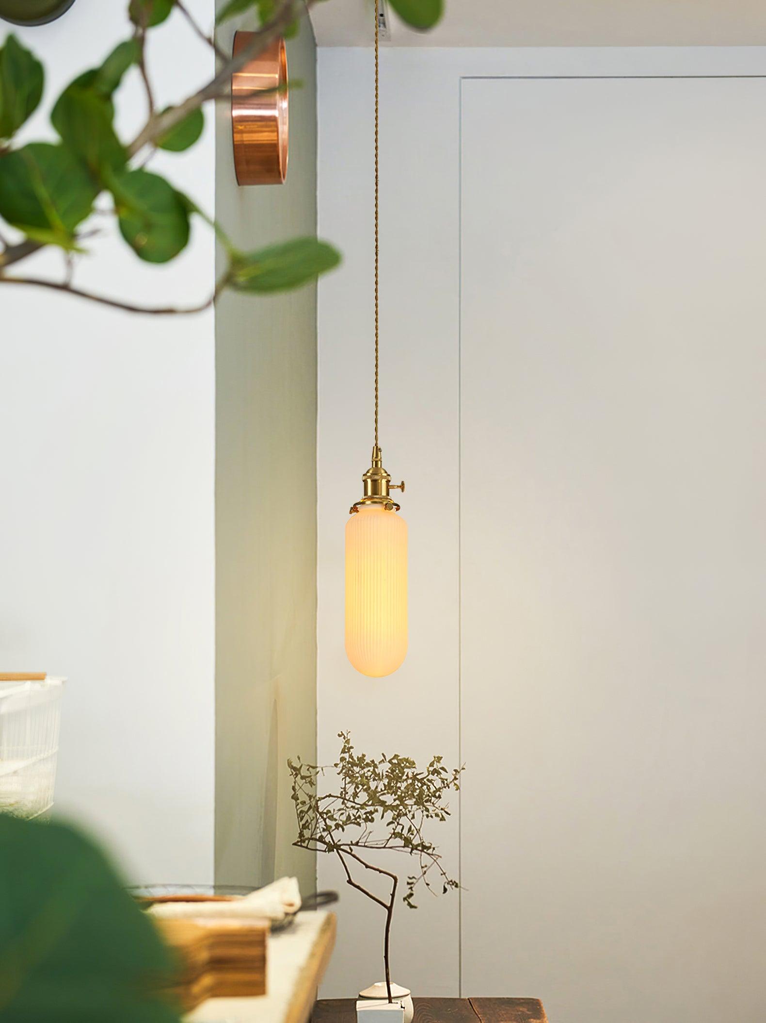 Handmade Porcelain Shell Pendant Light with Brass Fittings Ribbed Ceramic Hanging Lamp
