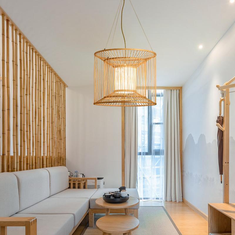 Handwoven Bamboo Cylindrical Cage Pendant Light Decorative Hanging Lamp for Dining Room Kitchen