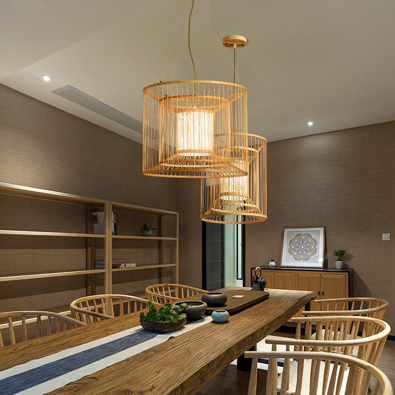 Handwoven Bamboo Cylindrical Cage Pendant Light Decorative Hanging Lamp for Dining Room Kitchen