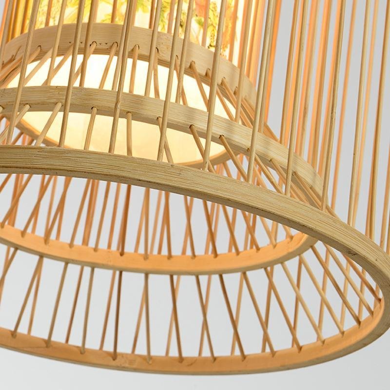 Handwoven Bamboo Cylindrical Cage Pendant Light Decorative Hanging Lamp for Dining Room Kitchen