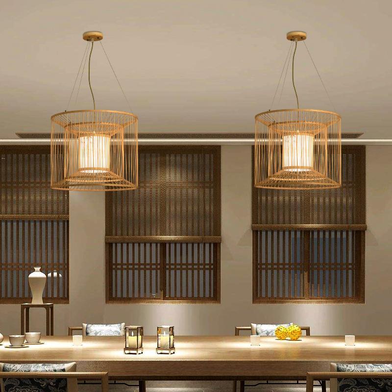 Handwoven Bamboo Cylindrical Cage Pendant Light Decorative Hanging Lamp for Dining Room Kitchen