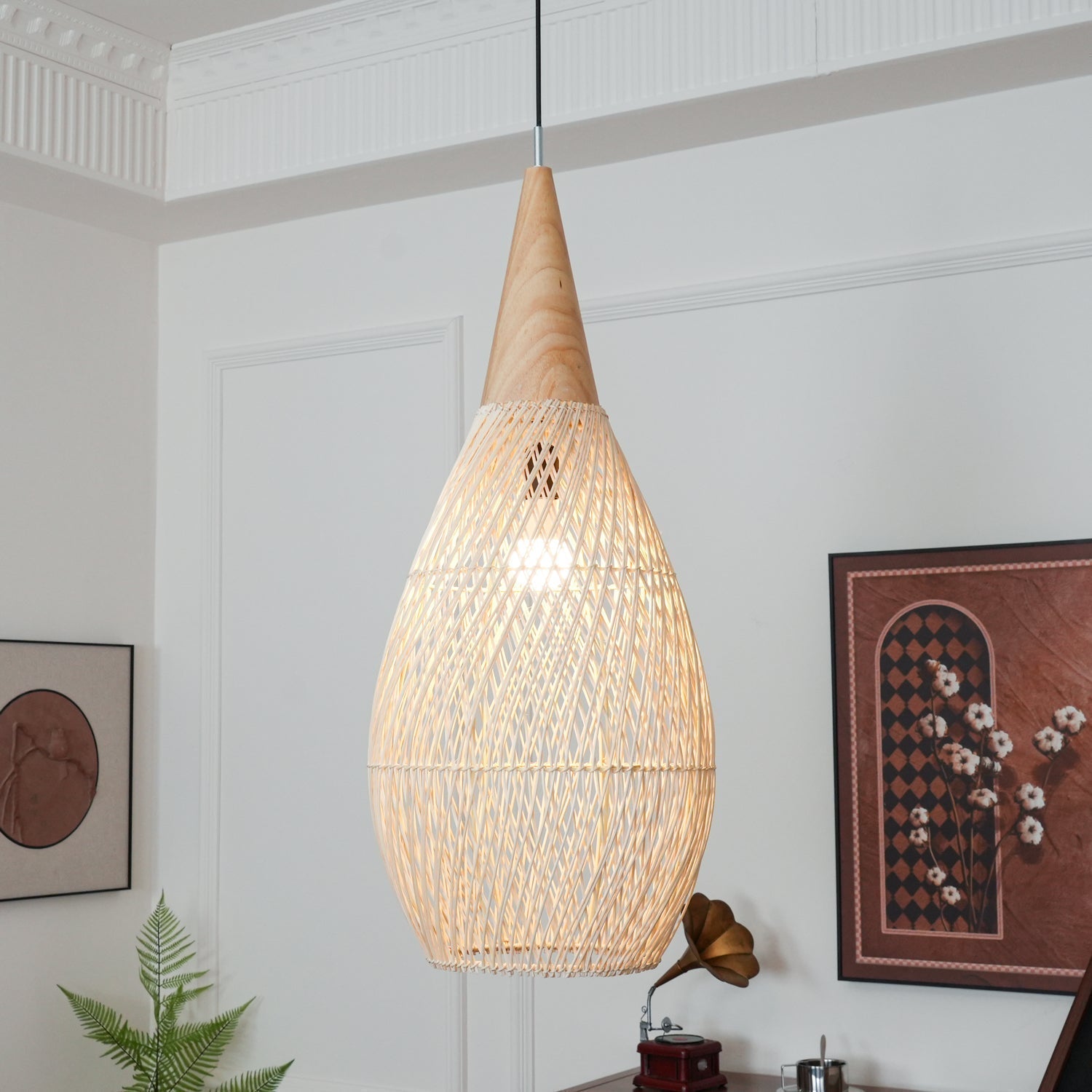 Handwoven Javanese Braided Rattan Pendant Light Coastal Style Wicker Hanging Lamp