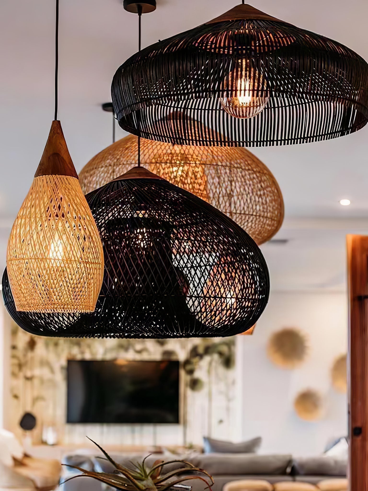 Handwoven Javanese Braided Rattan Pendant Light Coastal Style Wicker Hanging Lamp