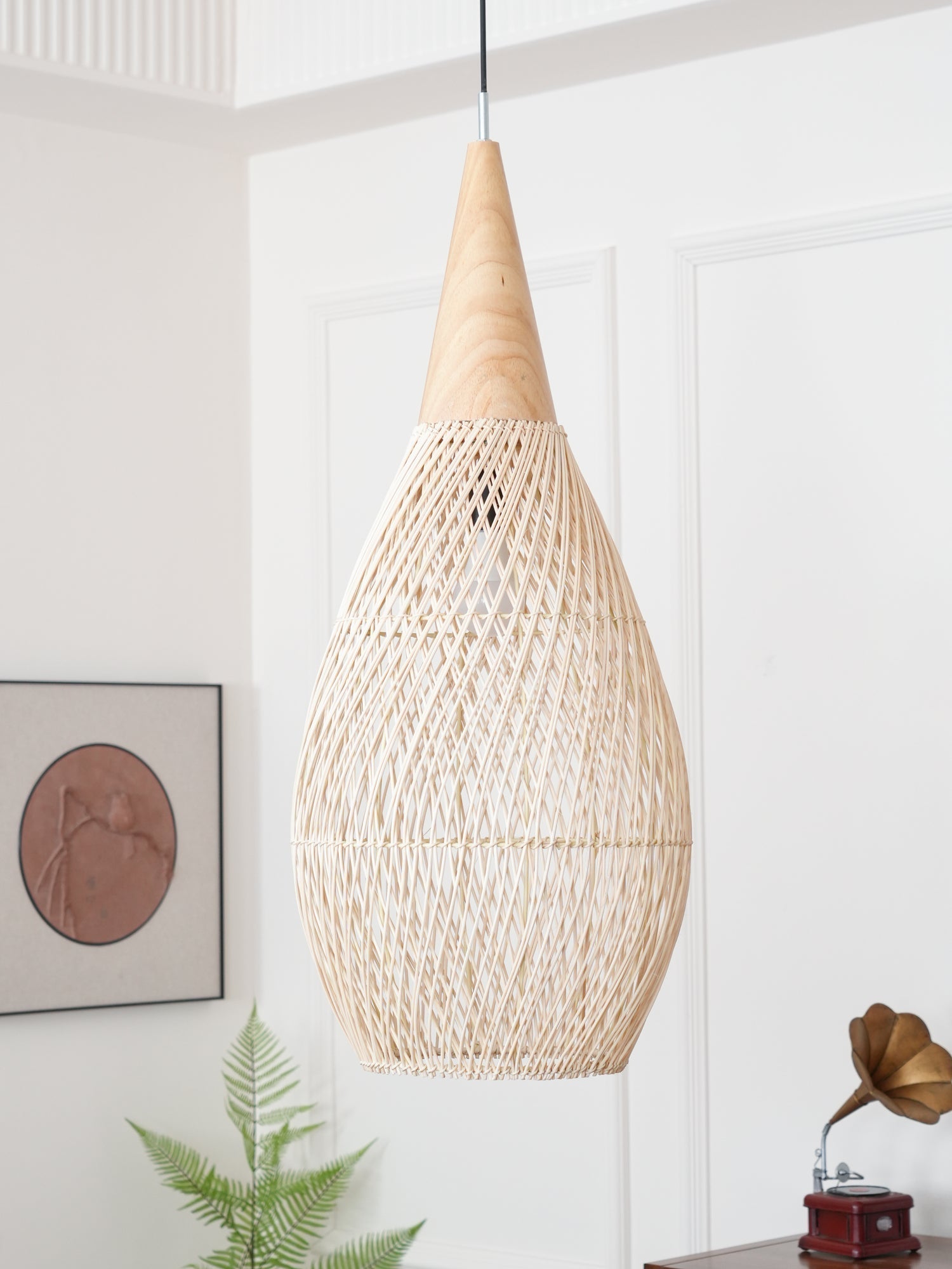 Handwoven Javanese Braided Rattan Pendant Light Coastal Style Wicker Hanging Lamp