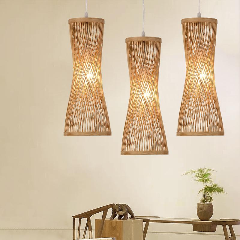 Handwoven Natural Bamboo Cage Pendant Lamp Rustic Boho Hanging Ceiling Light Fixture