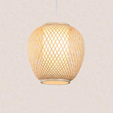 Handwoven Natural Bamboo Oval Dome Pendant Light Farmhouse Style Hanging Lamp for Bedroom