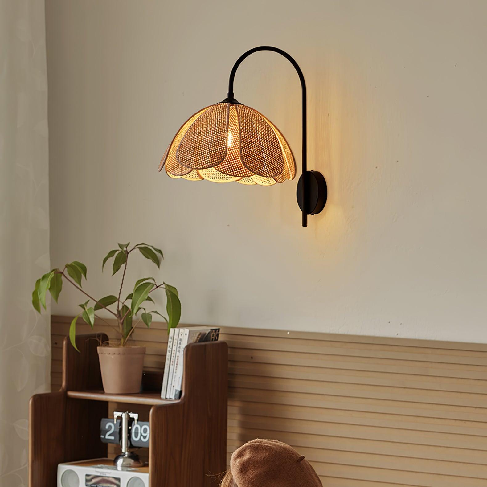 Handwoven Natural Rattan Petal Wall Sconce Lamp for Living Room and Bedroom