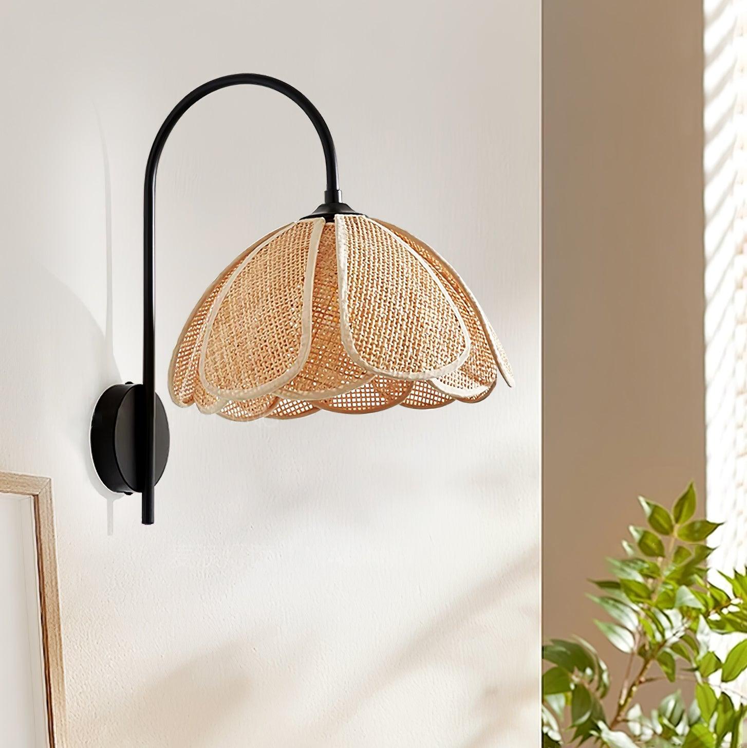 Handwoven Natural Rattan Petal Wall Sconce Lamp for Living Room and Bedroom