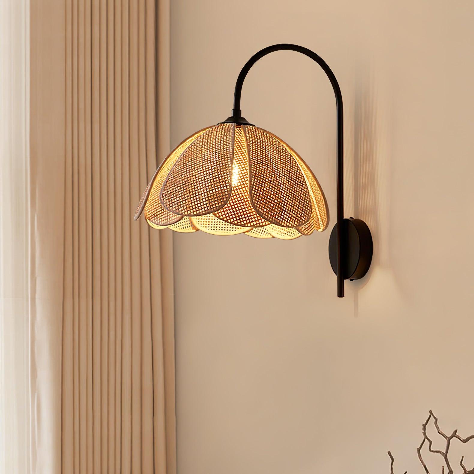 Handwoven Natural Rattan Petal Wall Sconce Lamp for Living Room and Bedroom