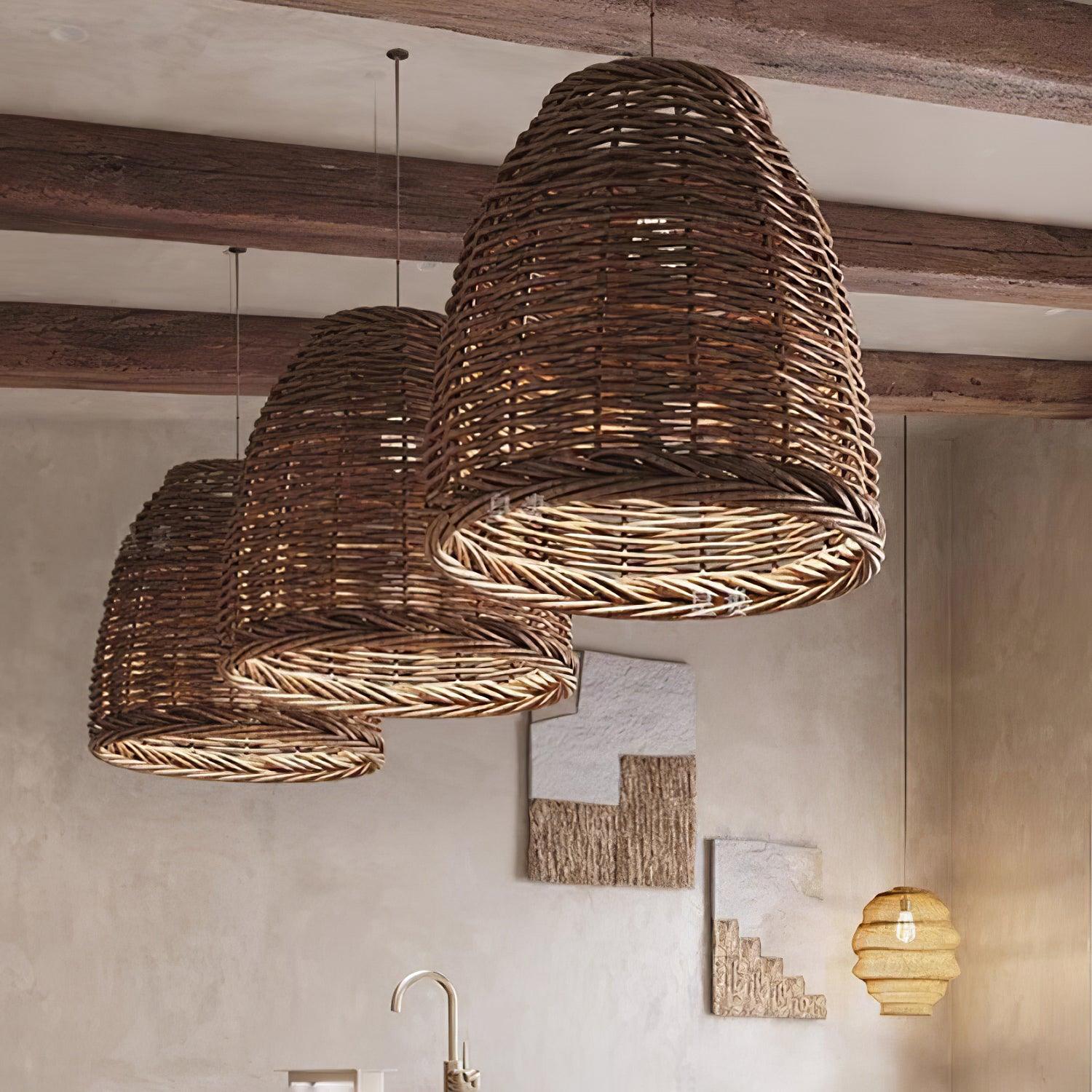 Handwoven Rattan Pendant Light Rustic Conical Wicker Hanging Lamp for Interior