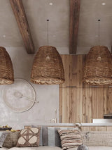 Handwoven Rattan Pendant Light Rustic Conical Wicker Hanging Lamp for Interior
