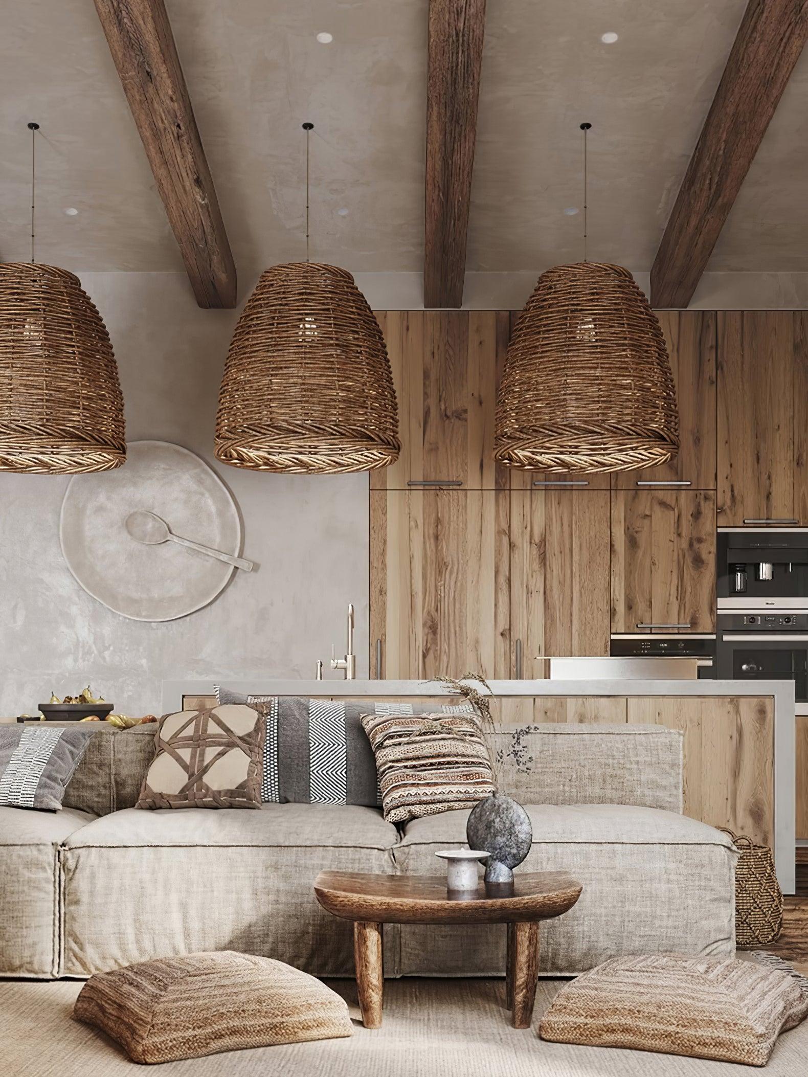 Handwoven Rattan Pendant Light Rustic Conical Wicker Hanging Lamp for Interior